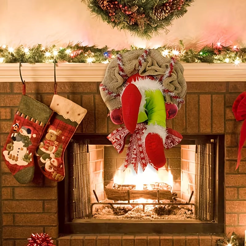 17.72-Inch Christmas Thief Wreath - Festive Elf Leg Burlap Holiday Decor! Add whimsy to your door with this unique Christmas wreath, perfect for spreading holiday cheer to your home. Ideal for front doors, walls, and festive gatherings!
