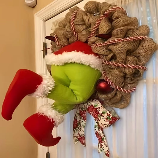 17.72-Inch Christmas Thief Wreath - Festive Elf Leg Burlap Holiday Decor! Add whimsy to your door with this unique Christmas wreath, perfect for spreading holiday cheer to your home. Ideal for front doors, walls, and festive gatherings!