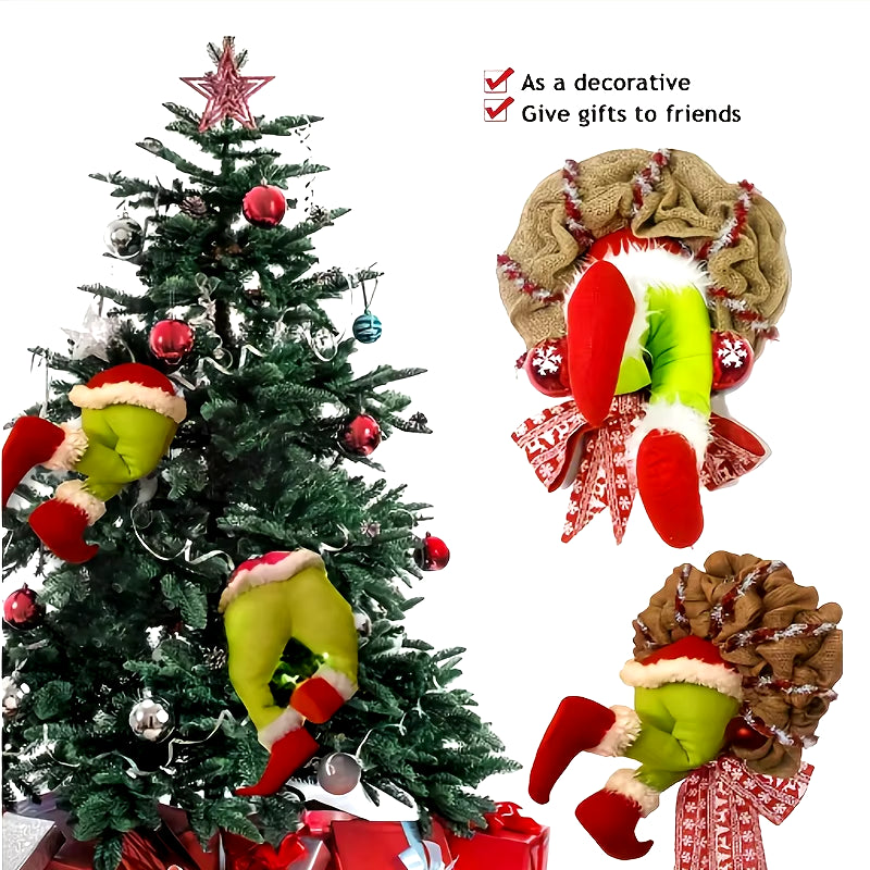 17.72-Inch Christmas Thief Wreath - Festive Elf Leg Burlap Holiday Decor! Add whimsy to your door with this unique Christmas wreath, perfect for spreading holiday cheer to your home. Ideal for front doors, walls, and festive gatherings!
